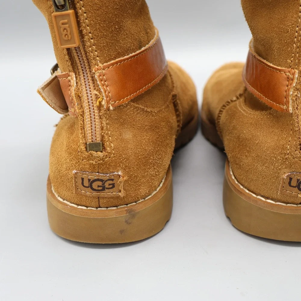 UGG Nessa Shearling Chestnut Suede Boots‎ Kids Size 1 Buckle Zip Warm Boho